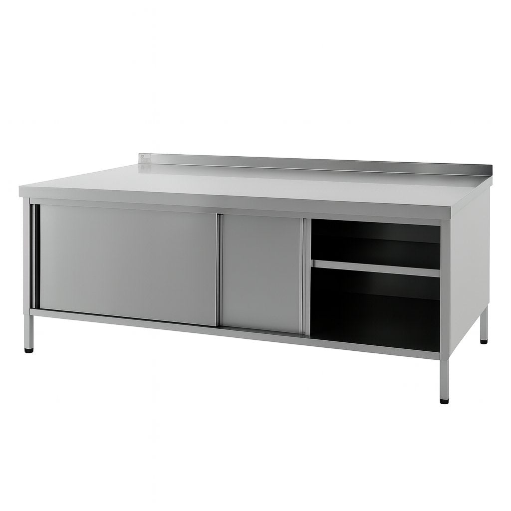 Arbeitstisch, Tiefe 600mm geschlossen, Frontseite Schiebetüren, Breite von 2500 - 2885mm