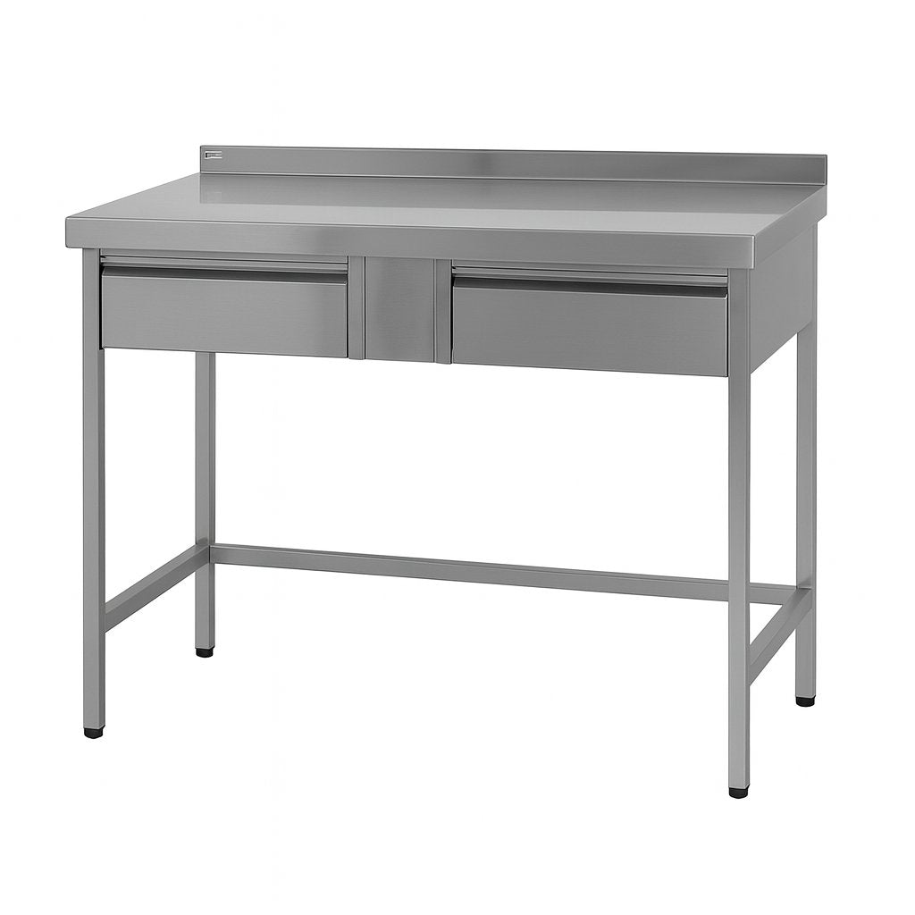 Arbeitstische, Tiefe 600mm mit 2 Schubladen nebeneinander, Unterbau offen, unterfahrbar